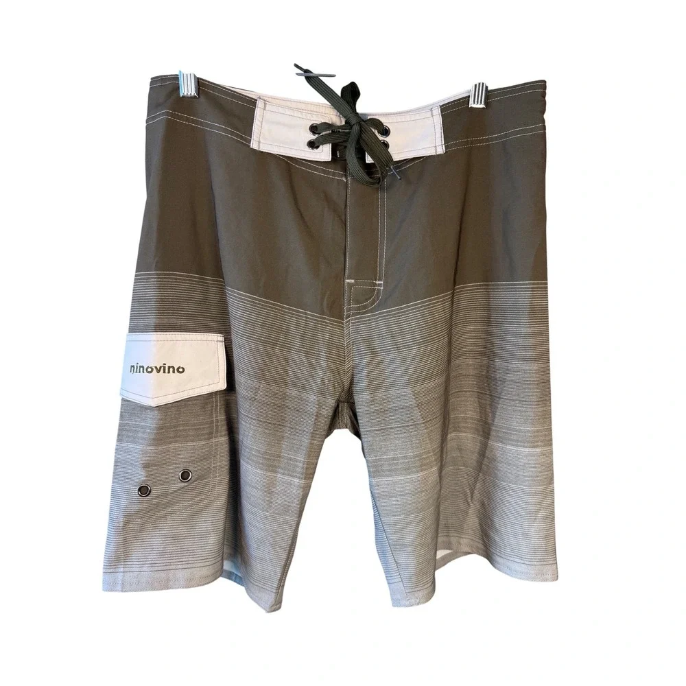 NWT Ninovino Board Shorts Mens 32 Gray Striped Surf Swim 9.5